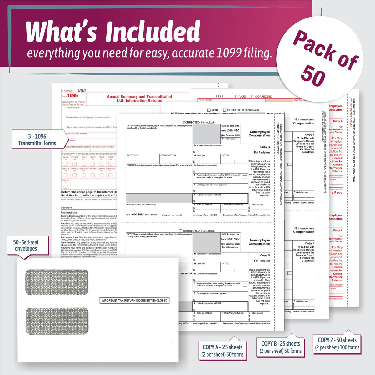"New" 1099-NEC Forms for 2026, 4-Part  Tax Forms,  vendor kit of 25 Forms & Envelopes.