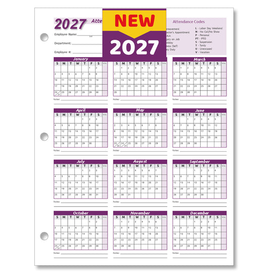 Work Tracker Attendance Calendar Cards 8 ½ X 11