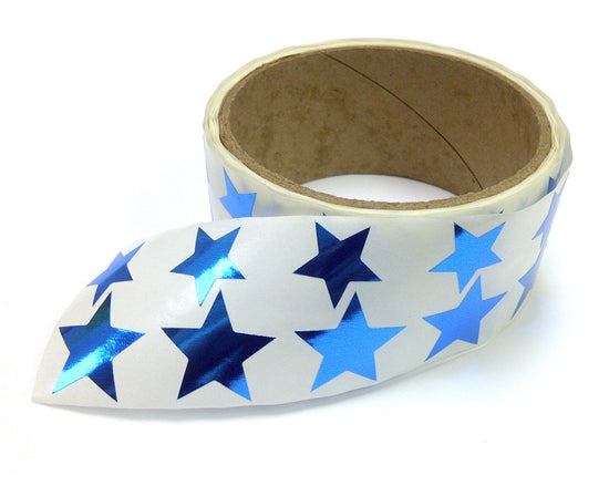 Metallic Foil Star Labels, Assorted Sizes, 3/4” & 1”, 450 Labels Per Roll, Blue