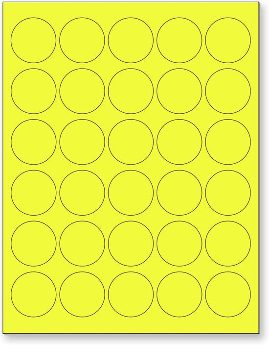 8-1/2" x 11" Fluorescent Yellow Labels, 30 Labels per Sheet, 1.5" Round