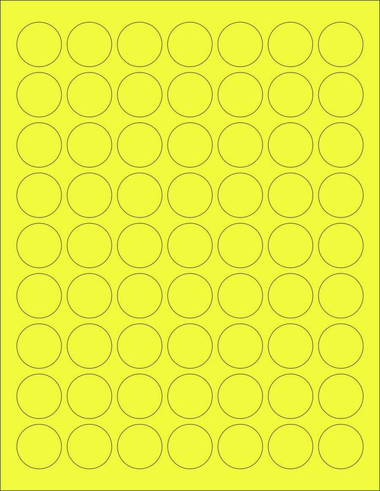 8-1/2" x 11" Fluorescent Yellow Labels, 63 Labels per Sheet, 1" Round