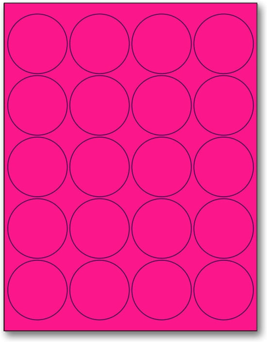 8-1/2" x 11" Fluorescent Pink Labels, 20 Labels per Sheet, 2" Round