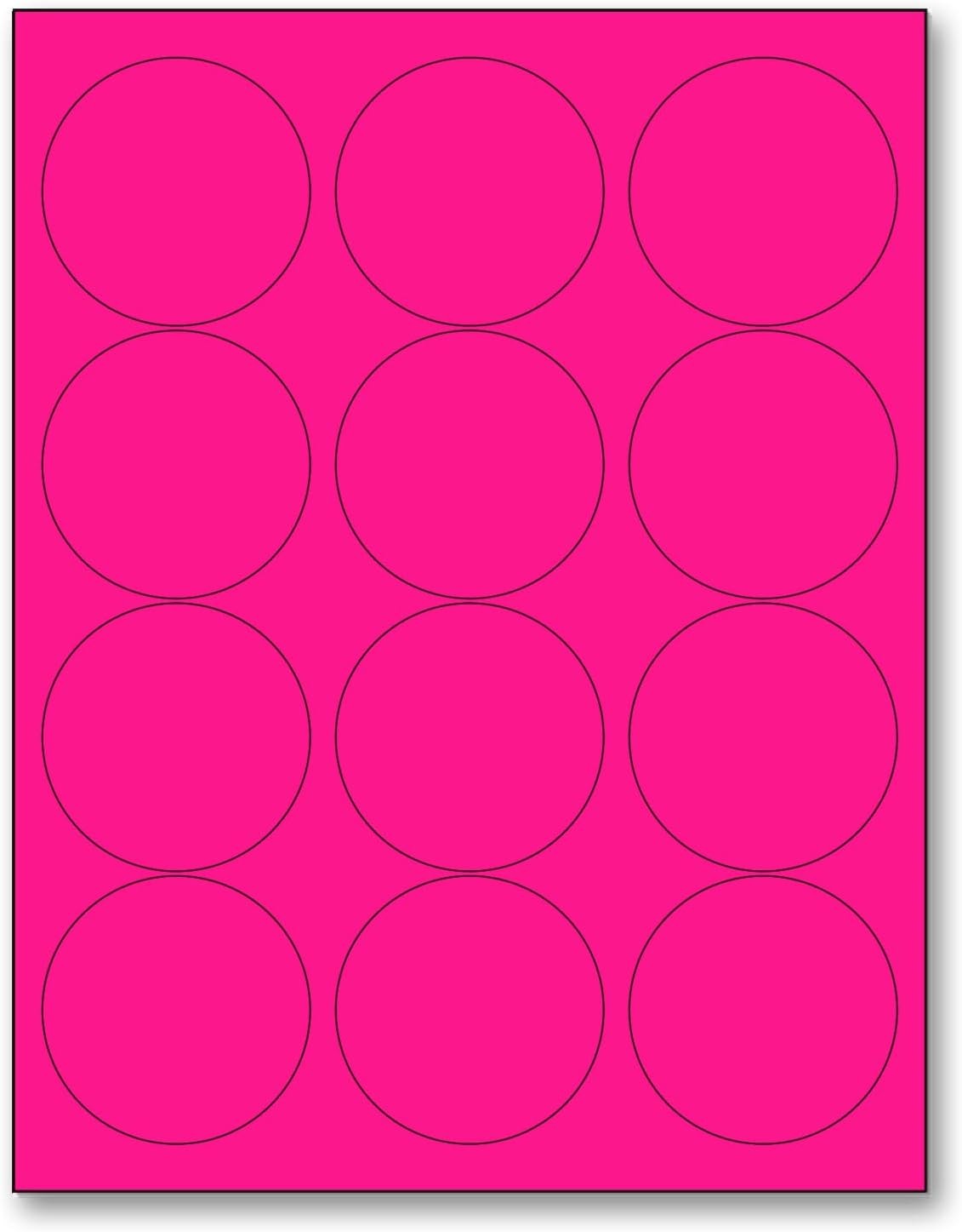8-1/2" x 11" Fluorescent Pink Labels, 12 Labels per Sheet, 2.5" Round