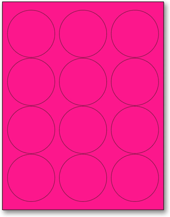 8-1/2" x 11" Fluorescent Pink Labels, 12 Labels per Sheet, 2.5" Round