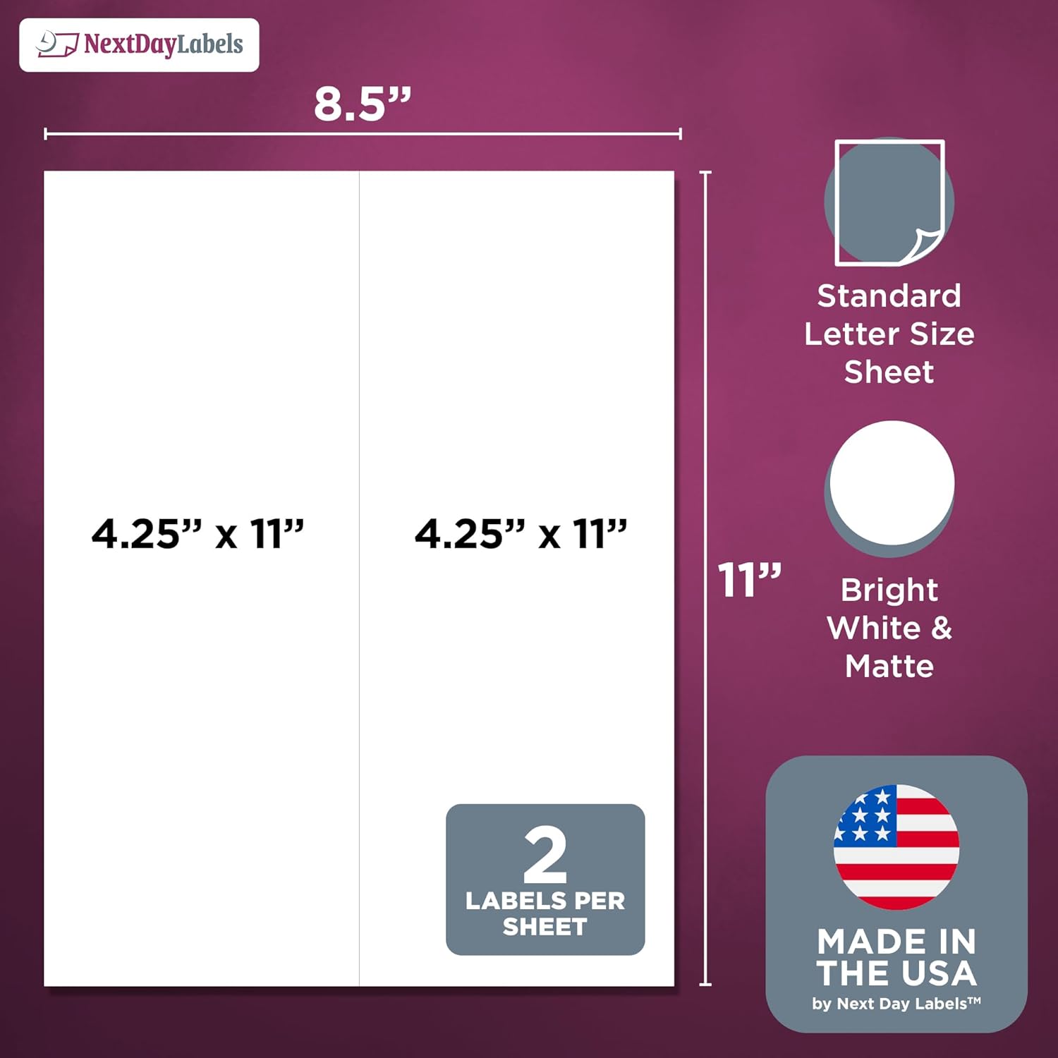 8-1/2" x 11" White Laser Labels, 2 Labels per Sheet, 4-1/4" x 11"