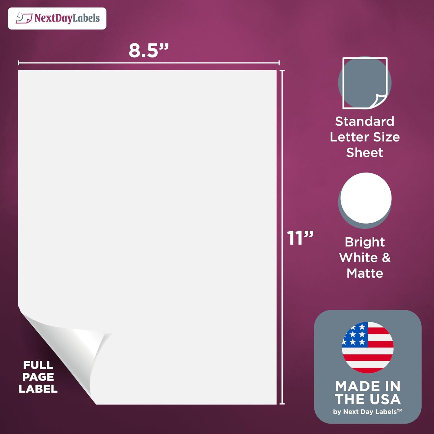 8-1/2" x 11" White Laser Labels, 1 Label per Sheet, 8-1/2" x 11"
