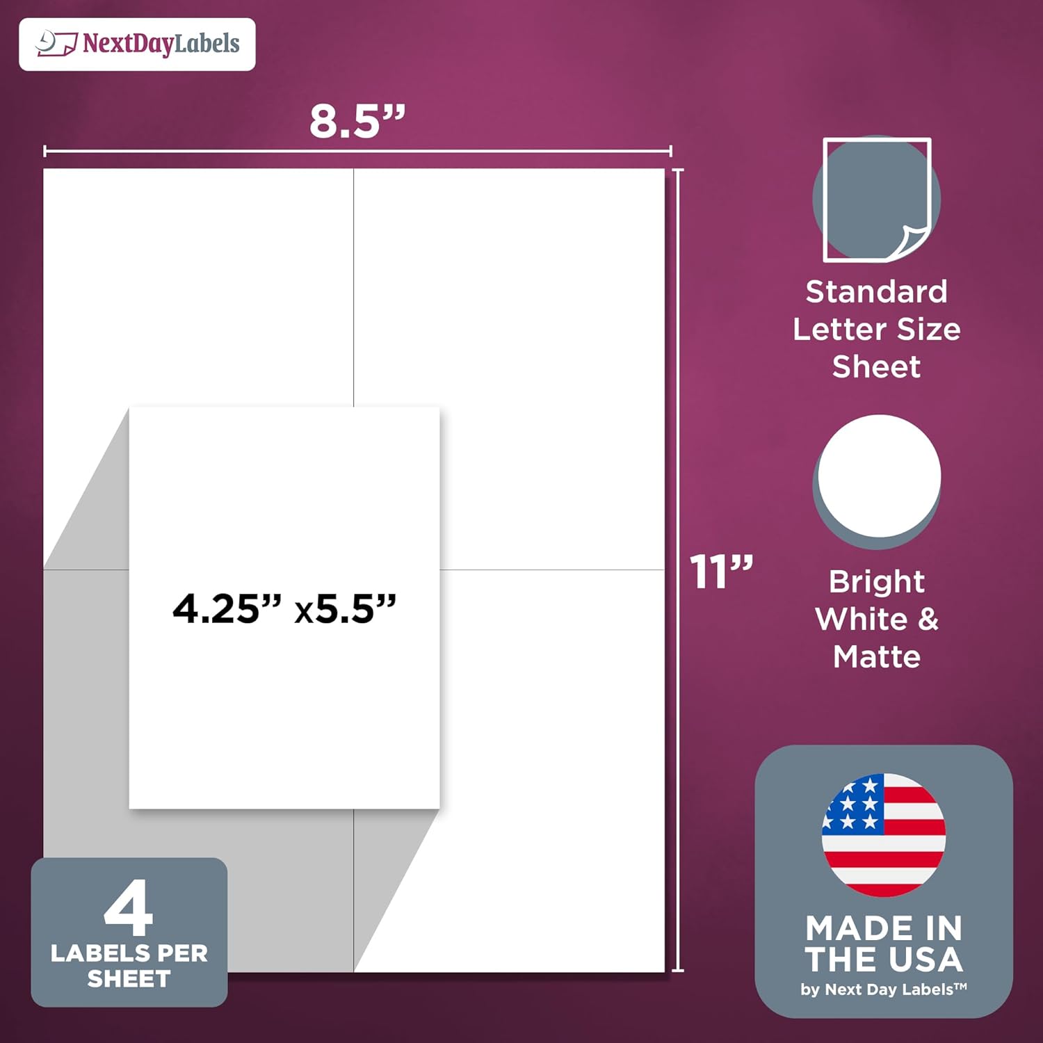 8-1/2" x 11" White Laser Labels, 4 Labels per Sheet, 4-1/4" x 5-1/2" .