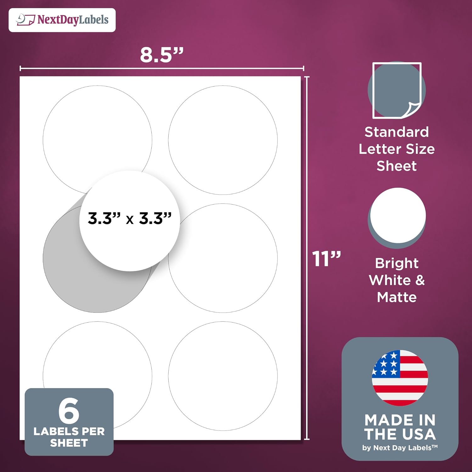 8-1/2" x 11" White Laser Labels, 6 Labels per Sheet, 3.33" Round