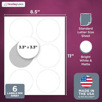 8-1/2" x 11" White Laser Labels, 6 Labels per Sheet, 3.33" Round