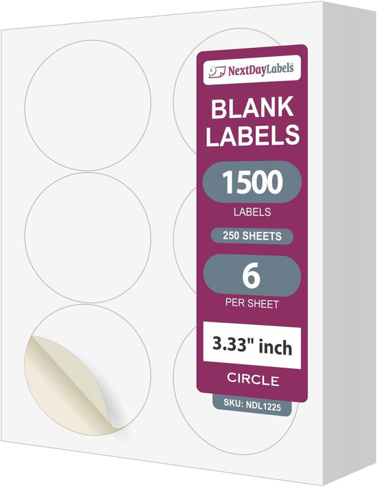 8-1/2" x 11" White Laser Labels, 6 Labels per Sheet, 3.33" Round