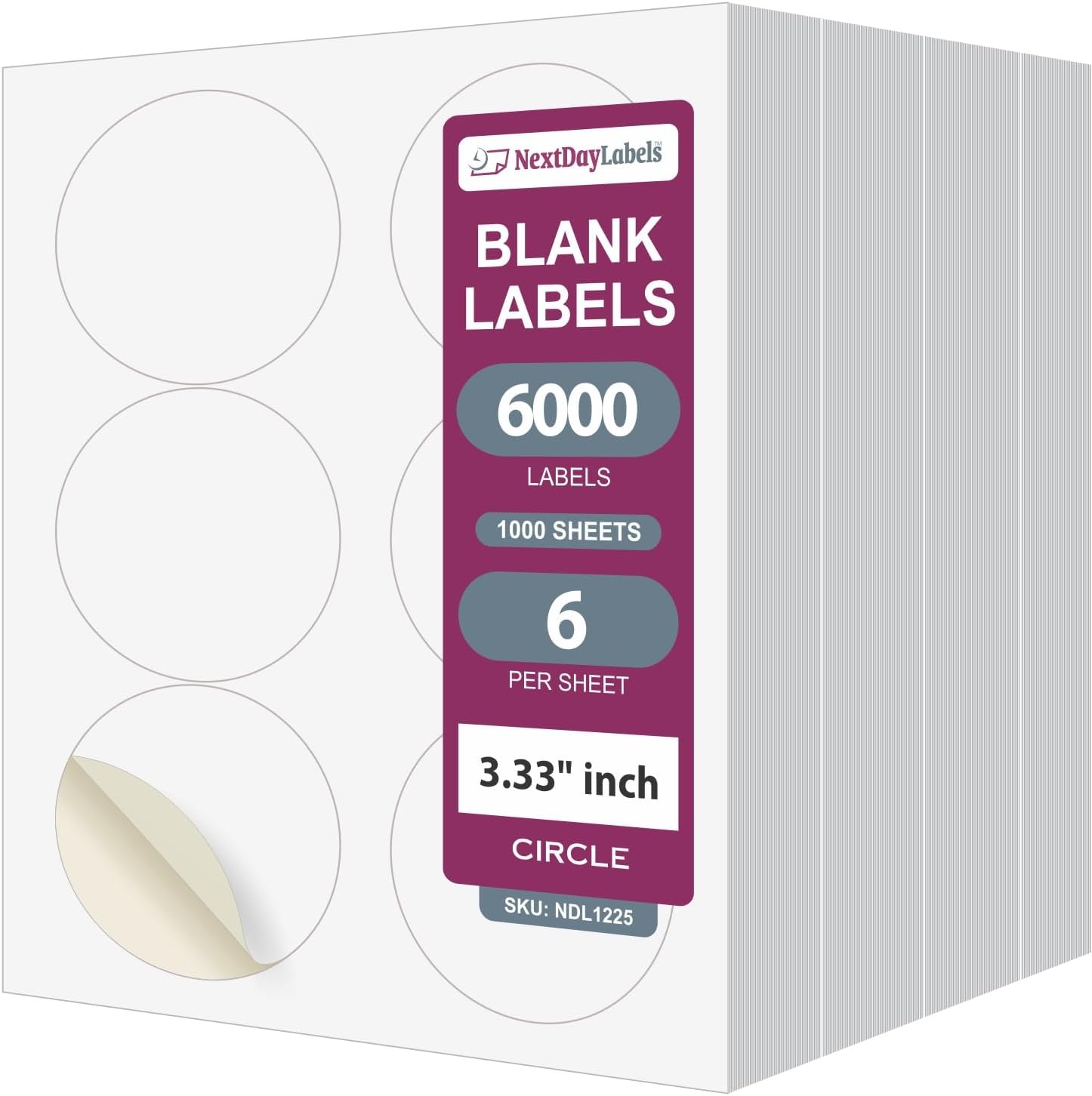 8-1/2" x 11" White Laser Labels, 6 Labels per Sheet, 3.33" Round
