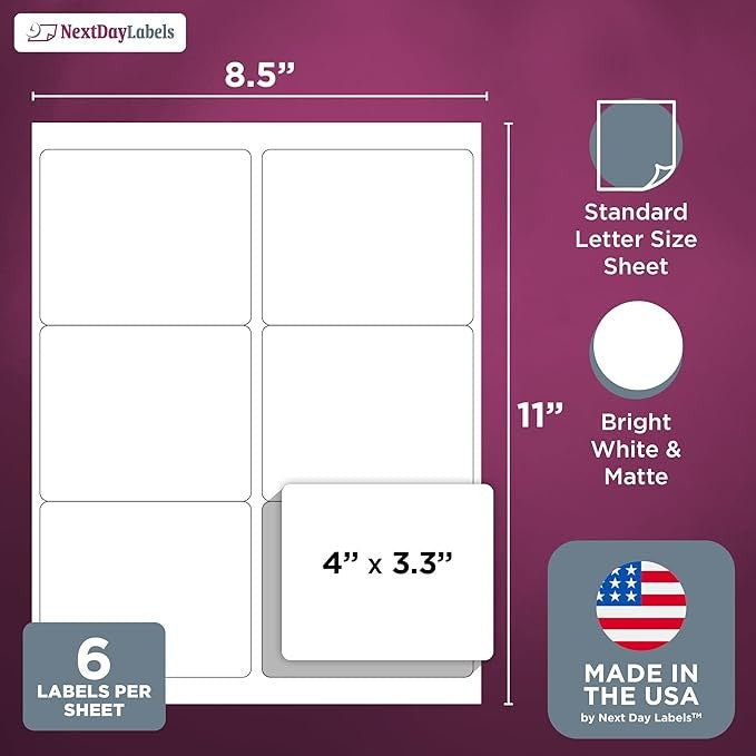8-1/2" x 11" White Laser Labels, 6 Labels per Sheet, 4" x 3.3"