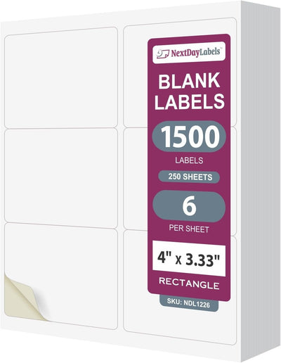 8-1/2" x 11" White Laser Labels, 6 Labels per Sheet, 4" x 3.3"