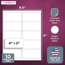 8-1/2" x 11" White Laser Labels, 10 Labels per Sheet, 4" x 2"