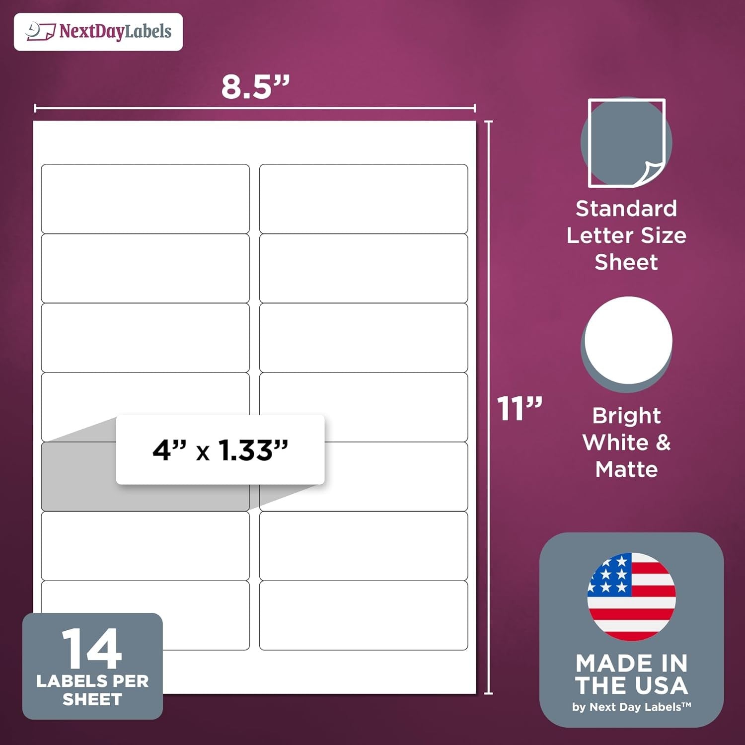 8-1/2" x 11" White Laser Labels, 14 Labels per Sheet, 4" x 1-1/3" .