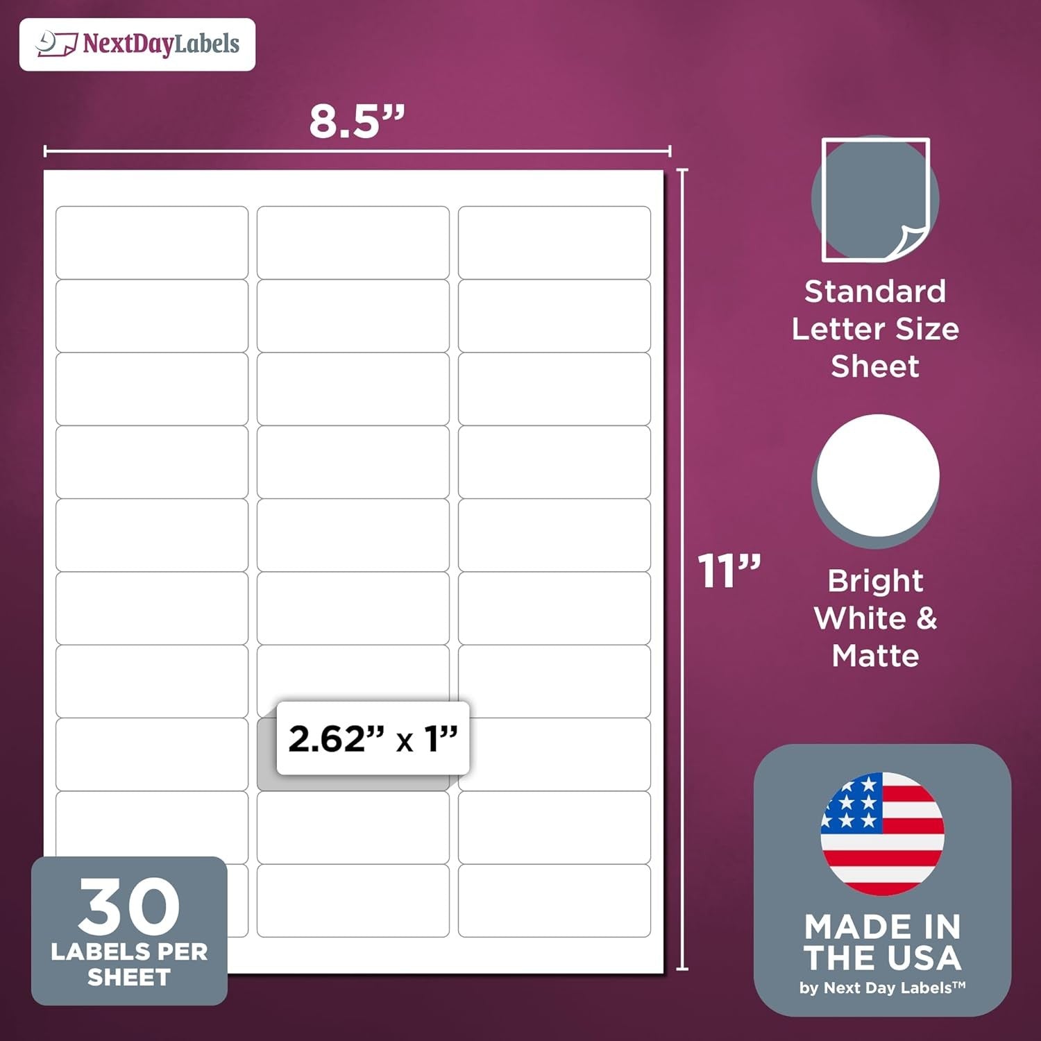 8-1/2" x 11" White Laser Labels, 30 Labels per Sheet, 2.625" x 1"