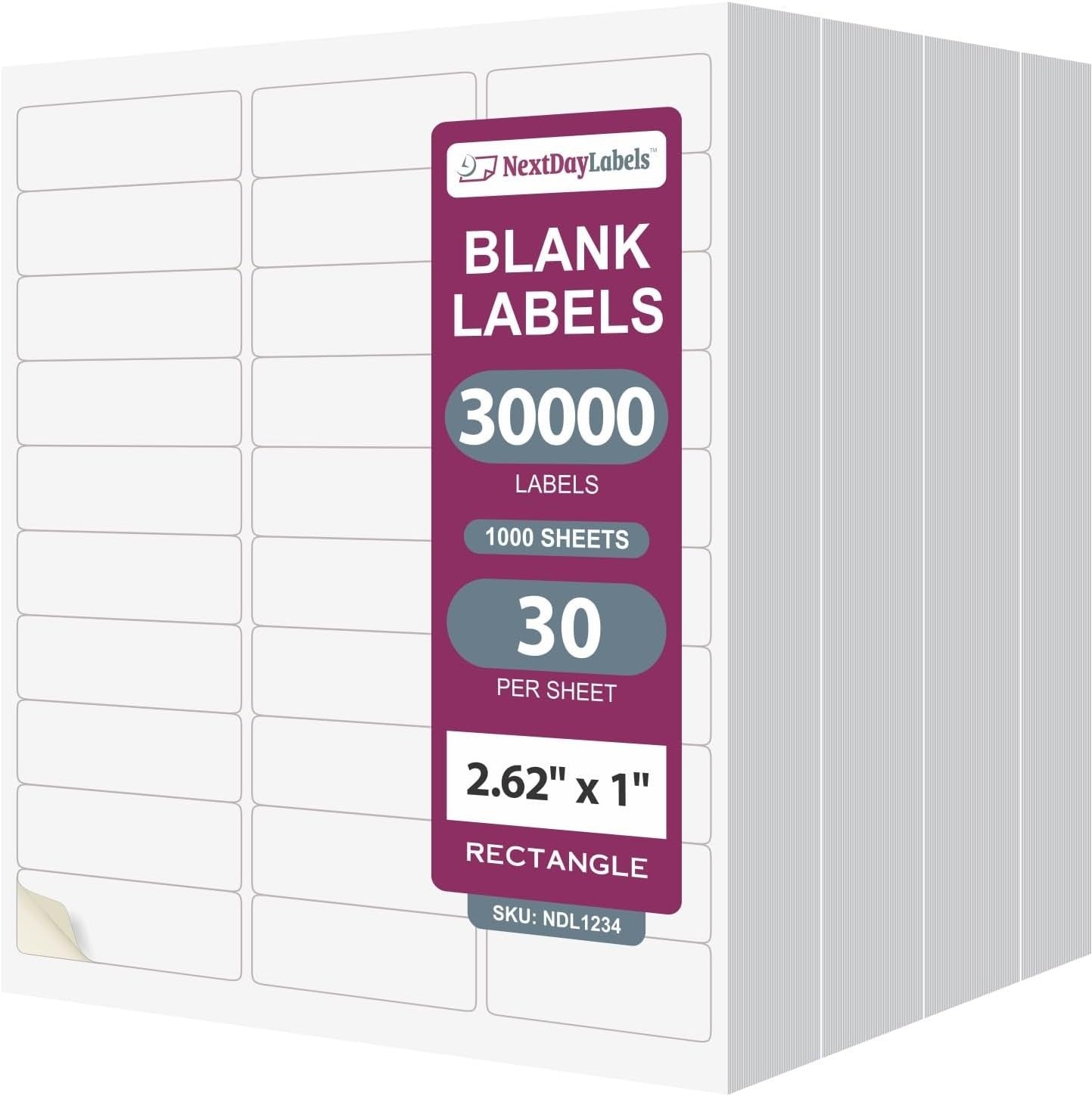 8-1/2" x 11" White Laser Labels, 30 Labels per Sheet, 2.625" x 1"