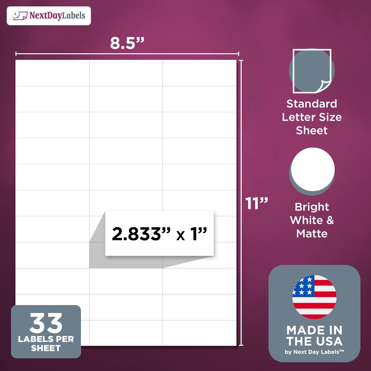 8-1/2" x 11" White Laser Labels, 33 Labels per Sheet, 2.8" x 1"