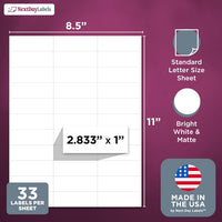 8-1/2" x 11" White Laser Labels, 33 Labels per Sheet, 2.8" x 1"