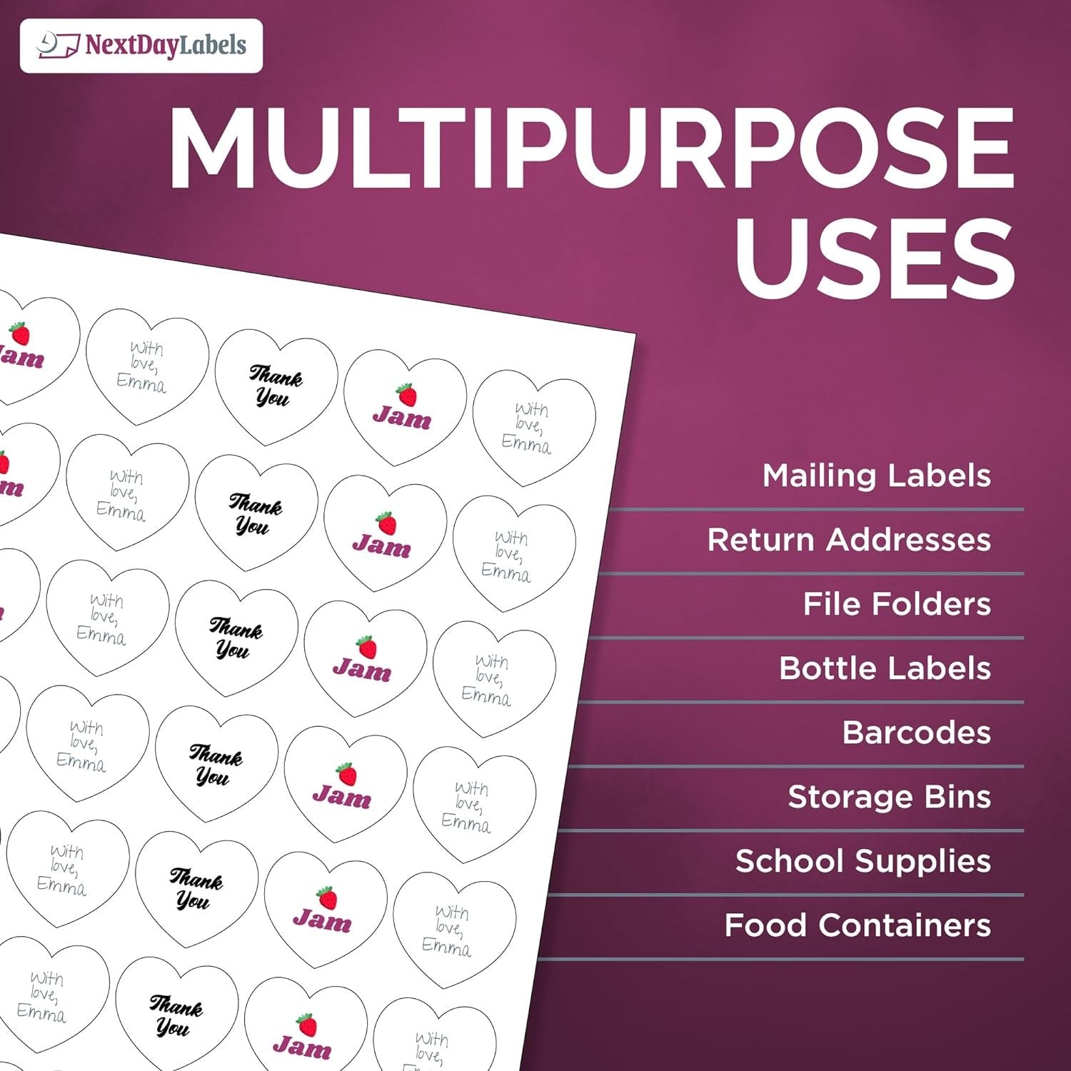 8-1/2" x 11" White Laser Labels, 63 Labels per Sheet, 1" Hearts