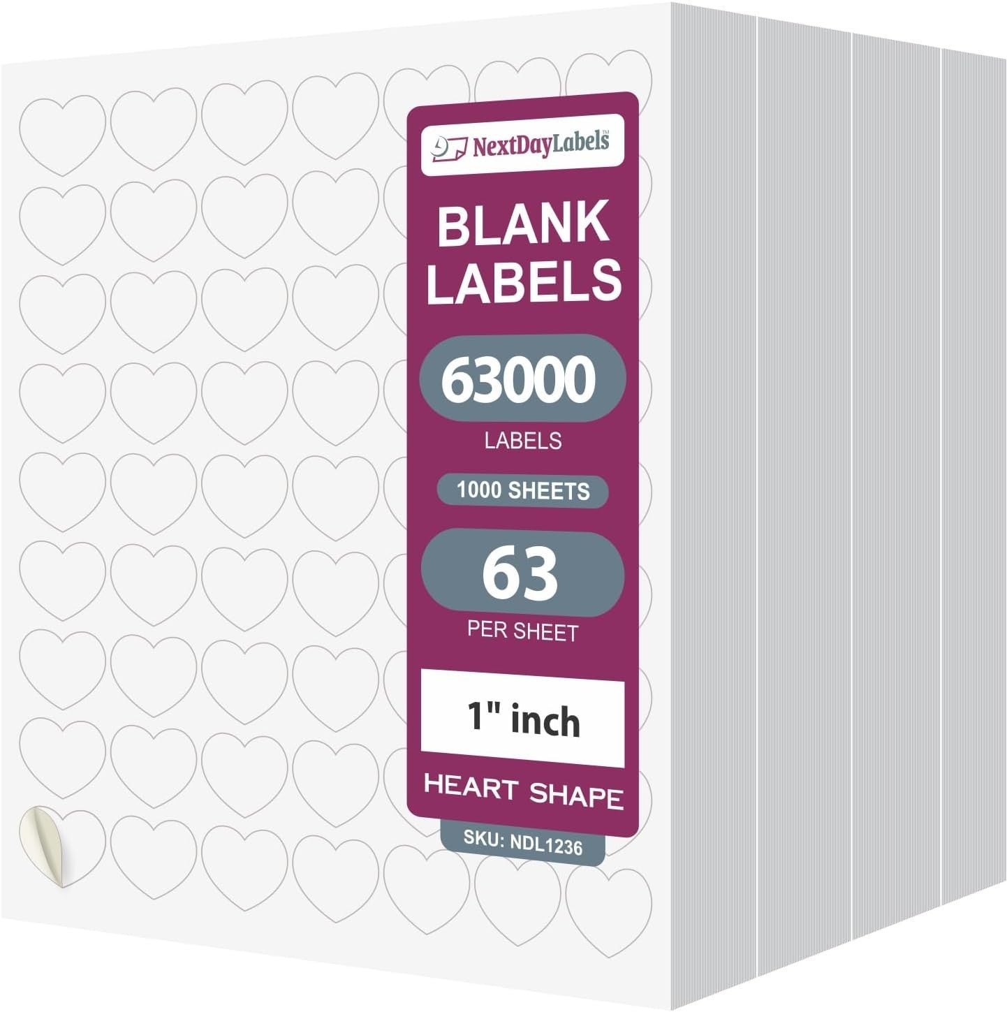 8-1/2" x 11" White Laser Labels, 63 Labels per Sheet, 1" Hearts