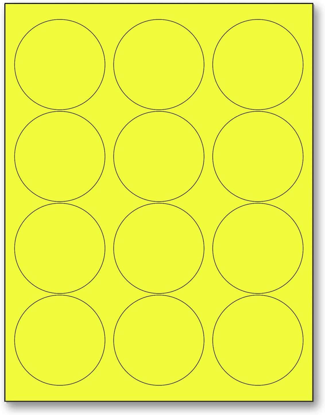 8-1/2" x 11" Fluorescent Yellow Labels, 12 Labels per Sheet, 2.5" Round