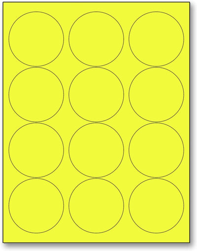 8-1/2" x 11" Fluorescent Yellow Labels, 12 Labels per Sheet, 2.5" Round