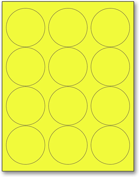 8-1/2" x 11" Fluorescent Yellow Labels, 12 Labels per Sheet, 2.5" Round