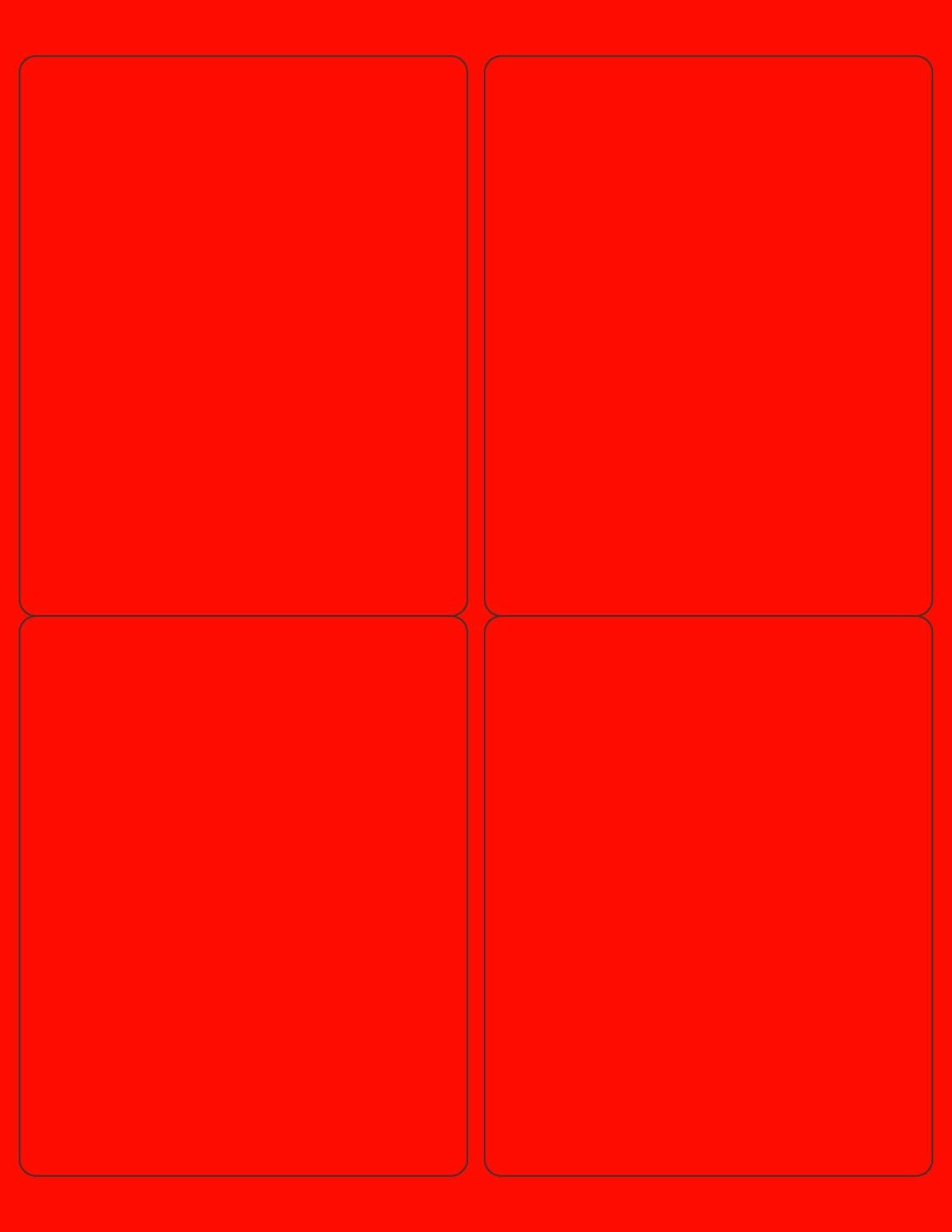 8-1/2" x 11" Fluorescent Red Labels, 4 Labels per Sheet, 4" x 5"