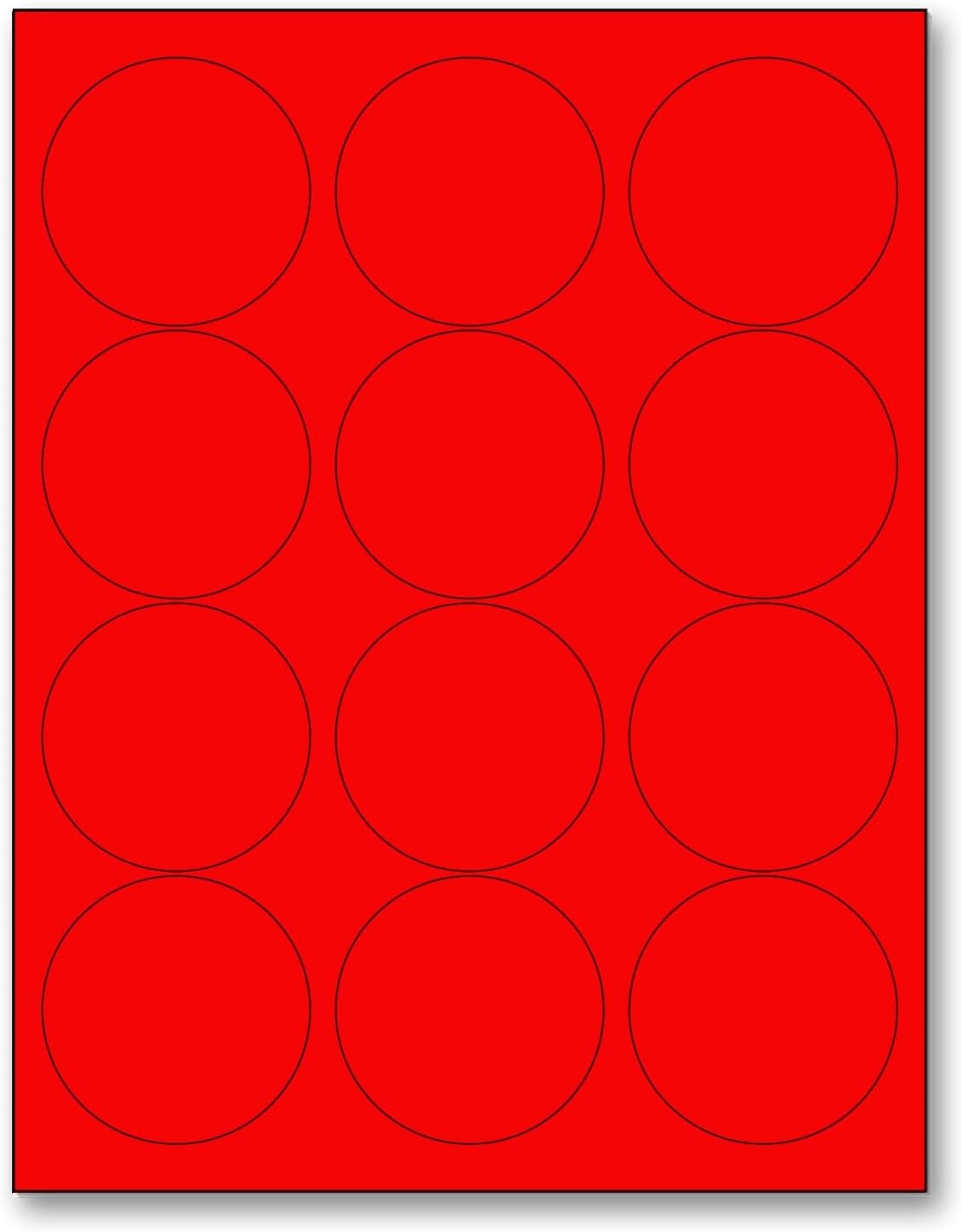 8-1/2" x 11" Fluorescent Red Labels, 12 Labels per Sheet, 2.5" Round