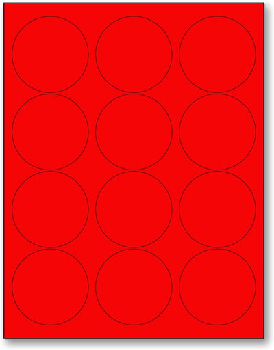 8-1/2" x 11" Fluorescent Red Labels, 12 Labels per Sheet, 2.5" Round