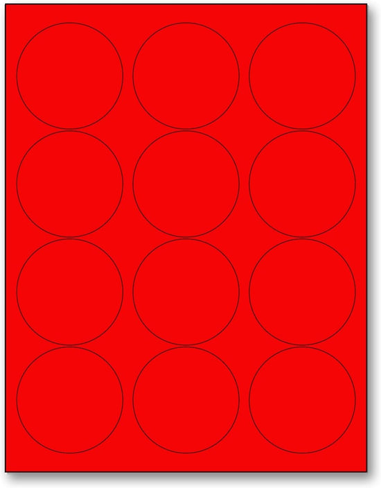 8-1/2" x 11" Fluorescent Red Labels, 12 Labels per Sheet, 2.5" Round