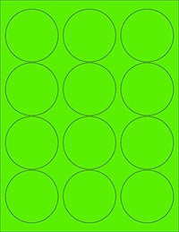 8-1/2" x 11" Fluorescent Green Labels, 12 Labels per Sheet, 2.5" Round