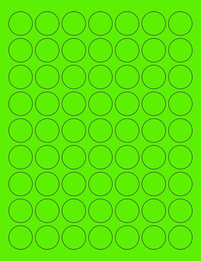 8-1/2" x 11" Fluorescent Green Labels, 63 Labels per Sheet, 1" Round