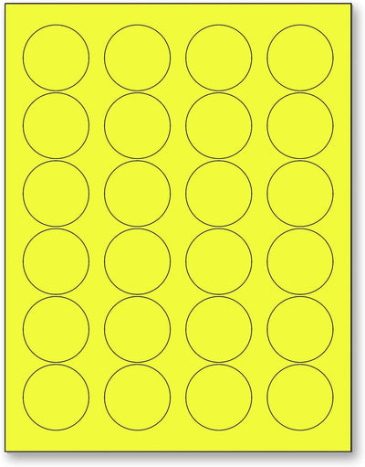 8-1/2" x 11" Fluorescent Yellow Labels, 24 Labels per Sheet, 1.66" Round