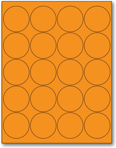 8-1/2" x 11" Fluorescent Orange Labels, 20 Labels per Sheet, 2" Round
