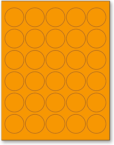 8-1/2" x 11" Fluorescent Orange Labels, 30 Labels per Sheet, 1.5" Round