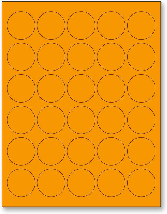 8-1/2" x 11" Fluorescent Orange Labels, 30 Labels per Sheet, 1.5" Round