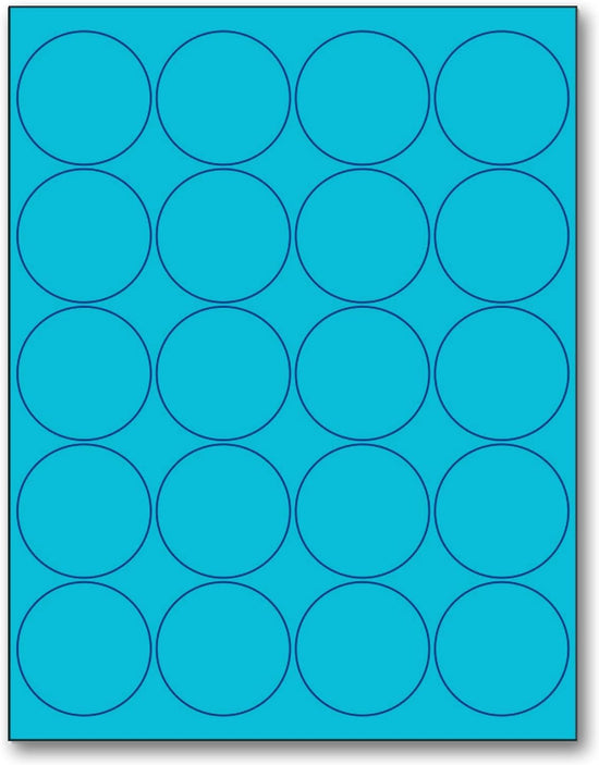8-1/2" x 11" Fluorescent Blue Labels, 20 Labels per Sheet, 2" Round