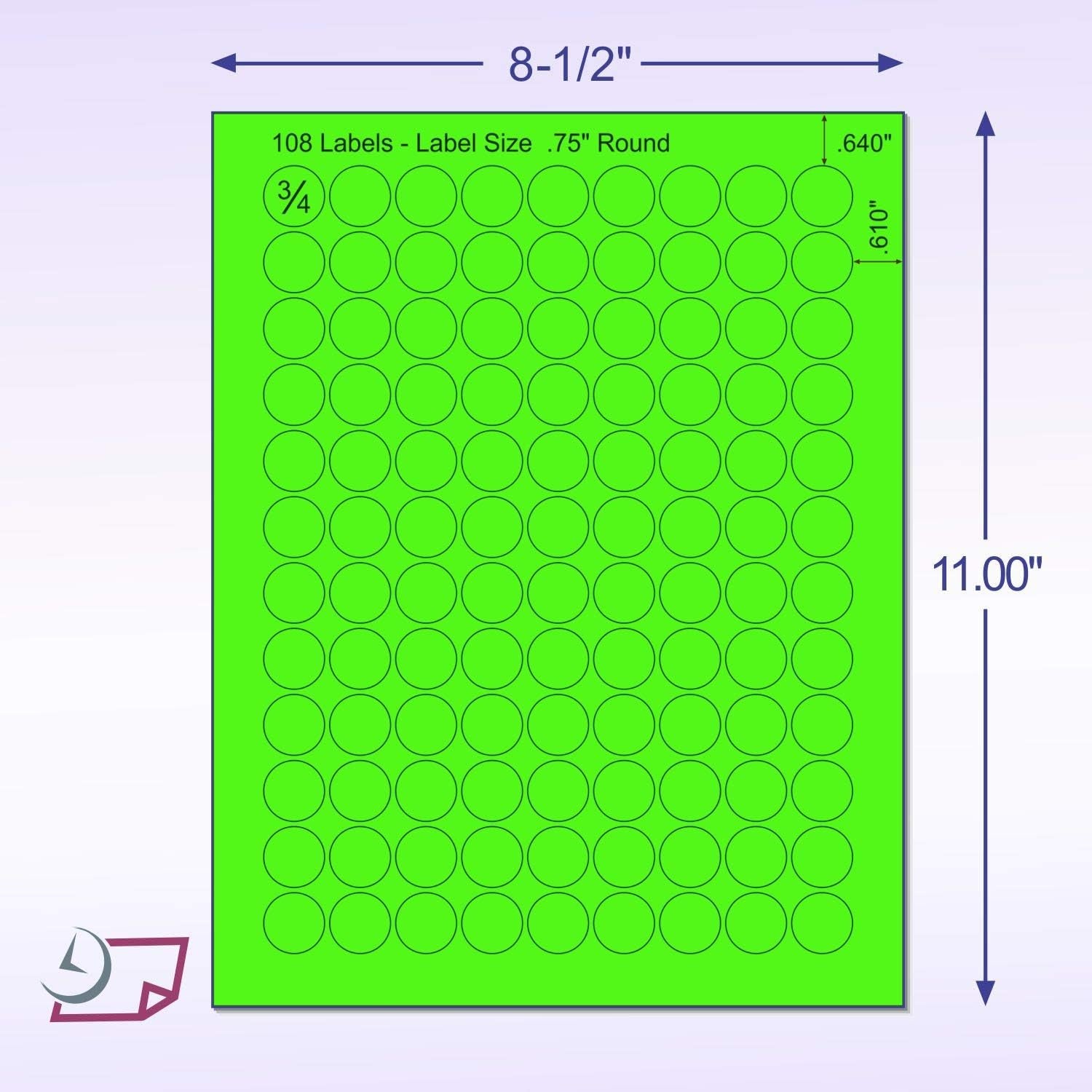 8-1/2" x 11" Fluorescent Green Labels, 108 Labels per Sheet, 3/4" Round