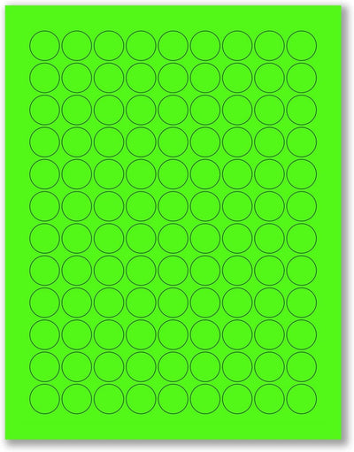 8-1/2" x 11" Fluorescent Green Labels, 108 Labels per Sheet, 3/4" Round
