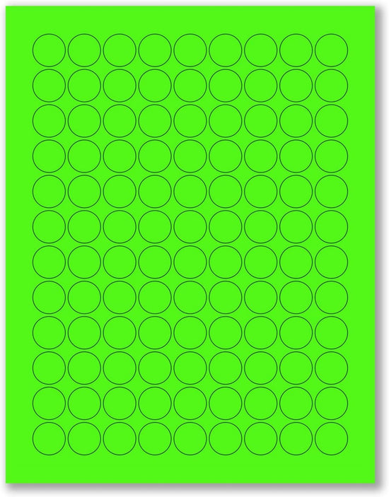 8-1/2" x 11" Fluorescent Green Labels, 108 Labels per Sheet, 3/4" Round