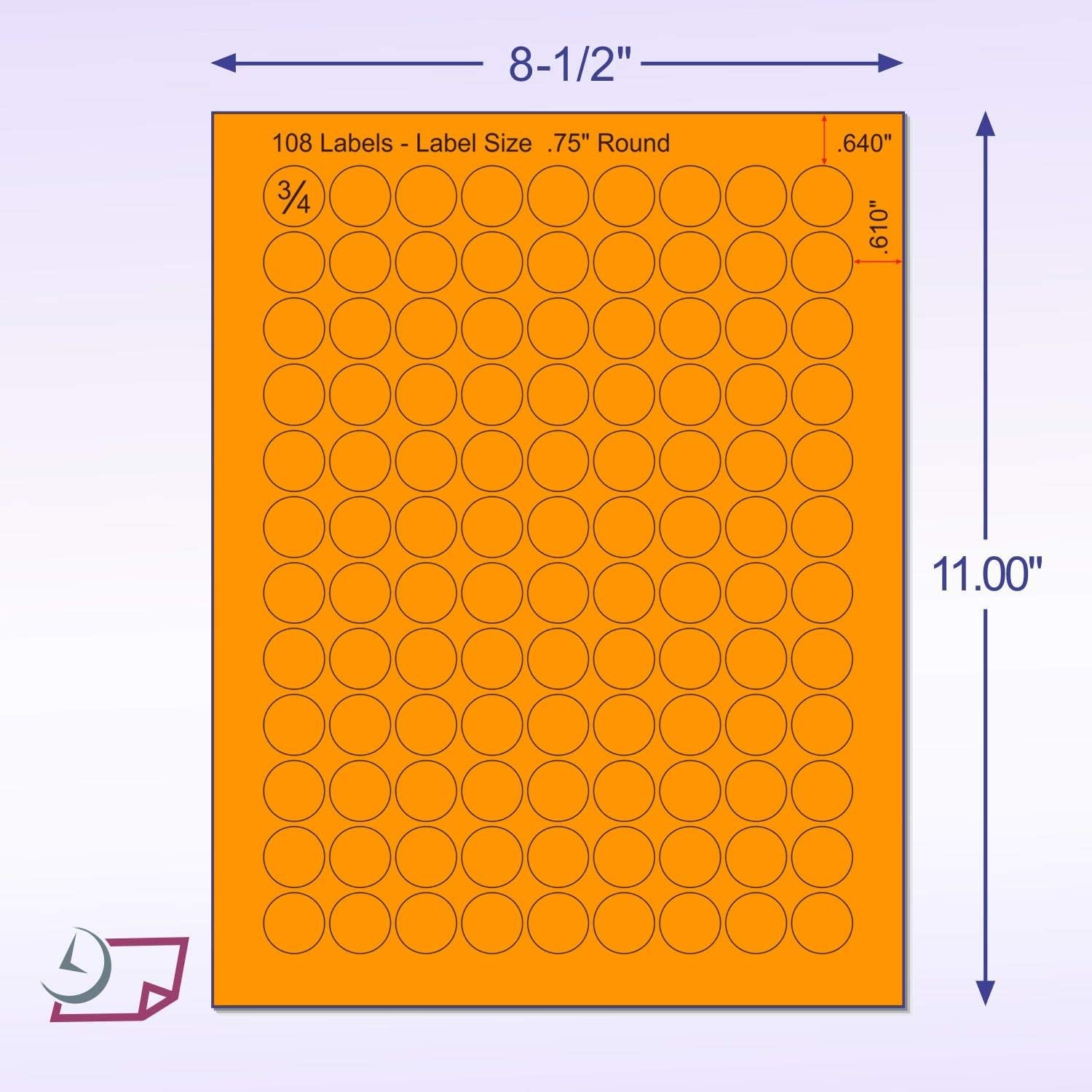 8-1/2" x 11" Fluorescent Orange Labels, 108 Labels per Sheet, 3/4" Round