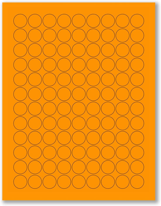8-1/2" x 11" Fluorescent Orange Labels, 108 Labels per Sheet, 3/4" Round