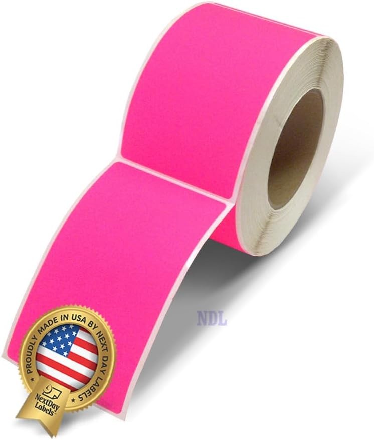 3 x 5" Rectangle Stickers, 500 Permanent Labels, Pink Fluorescent, 3" Core.