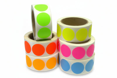 1" Circle Stickers, 500 Permanent Labels, Assorted Neon Colors, 3" Core