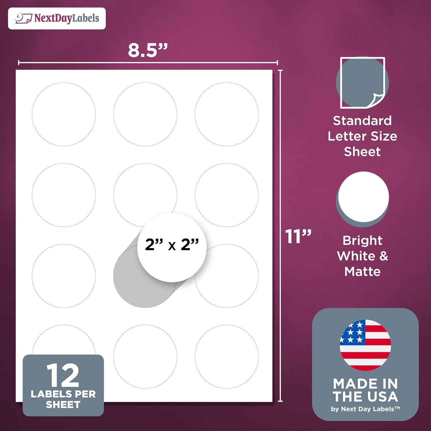 8-1/2" x 11" White Laser Labels, 12 Labels per Sheet, 2" Round for Bleeds.