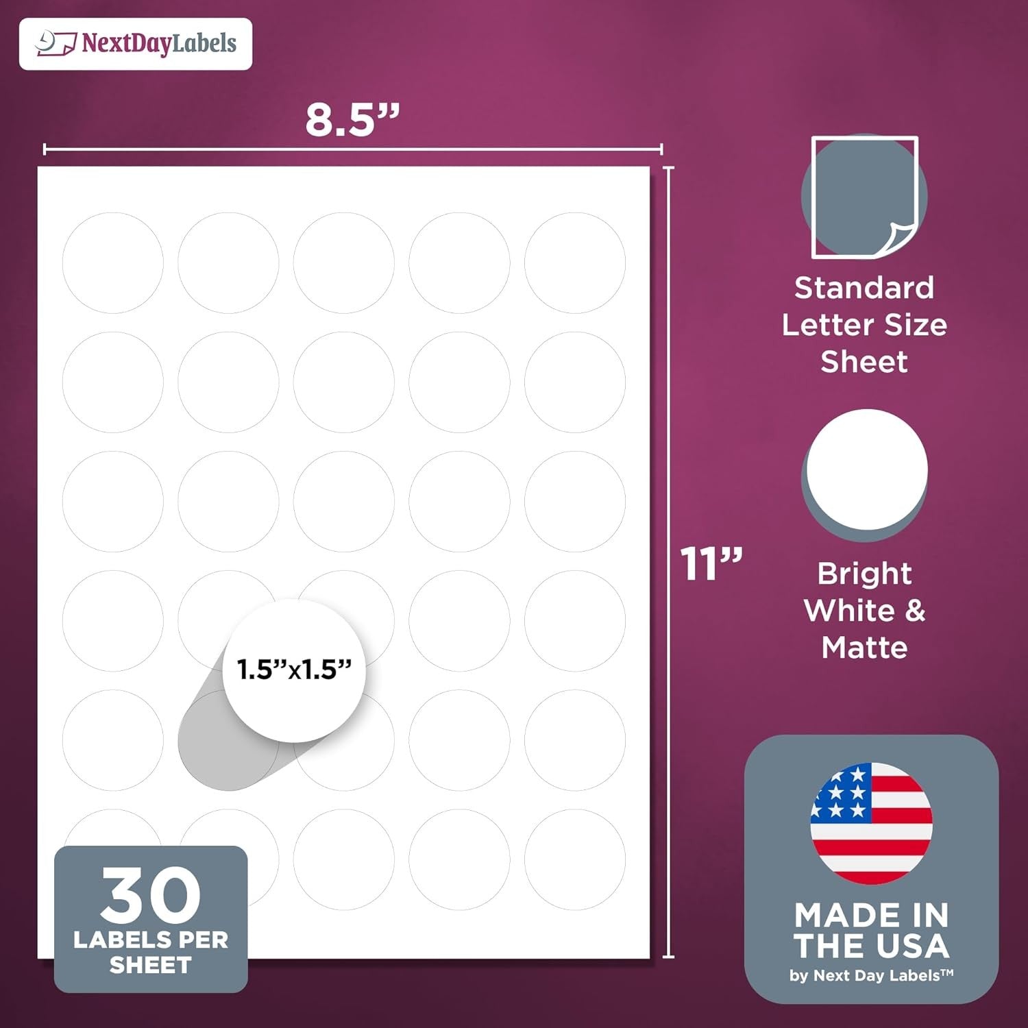 8-1/2" x 11" White Laser Labels, 30 Labels per Sheet, 1.5" Round
