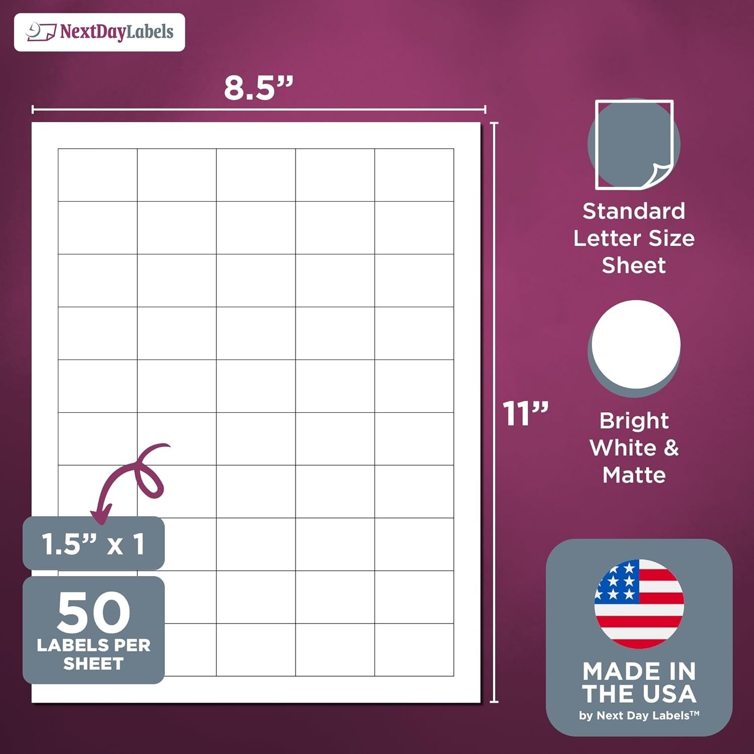 8-1/2" x 11" White Laser Labels, 50 Labels per Sheet, 1-1/2" x 1"