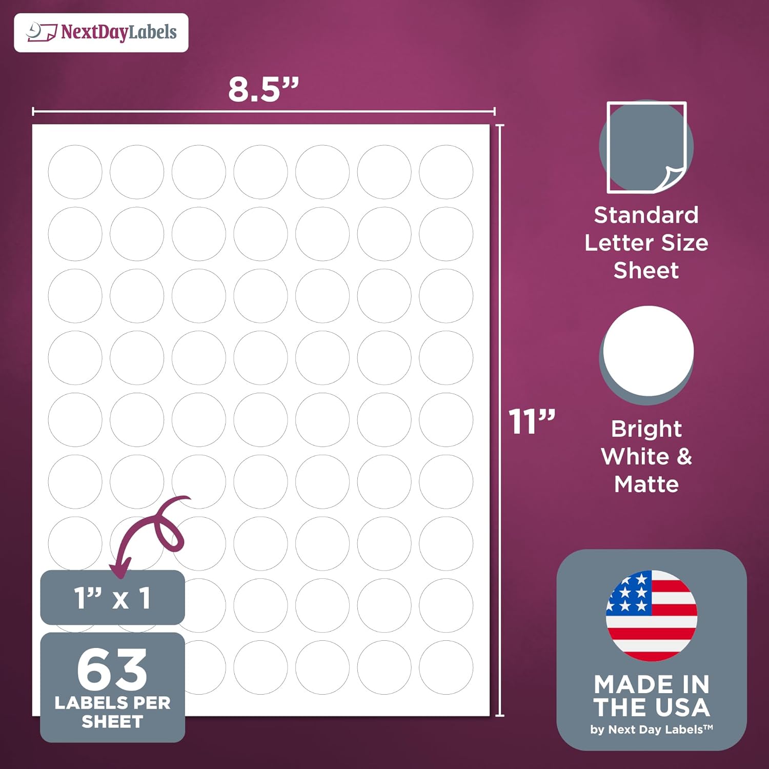 8-1/2" x 11" White Laser Labels, 63 Labels per Sheet, 1" Round